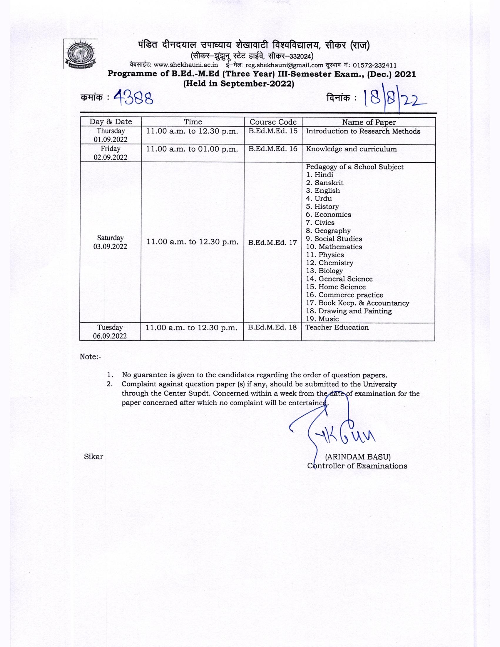 Shekhawati University Time Table 2022 BA B.Ed/B.Sc. B.Ed Sem Date Sheet ...